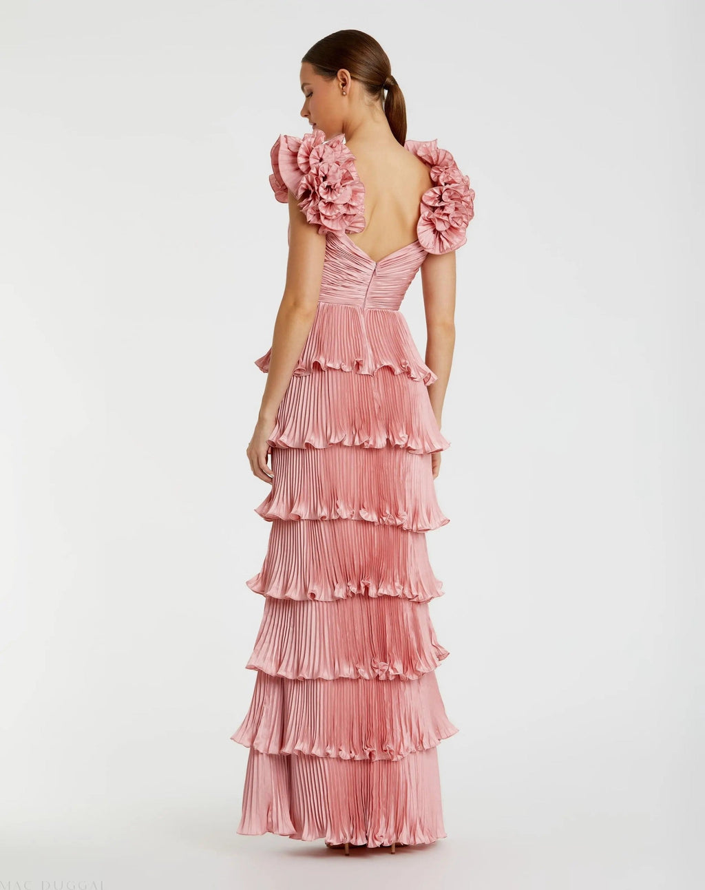 Rose Pleated Charmeuse Tiered Gown With Ruffle Straps
