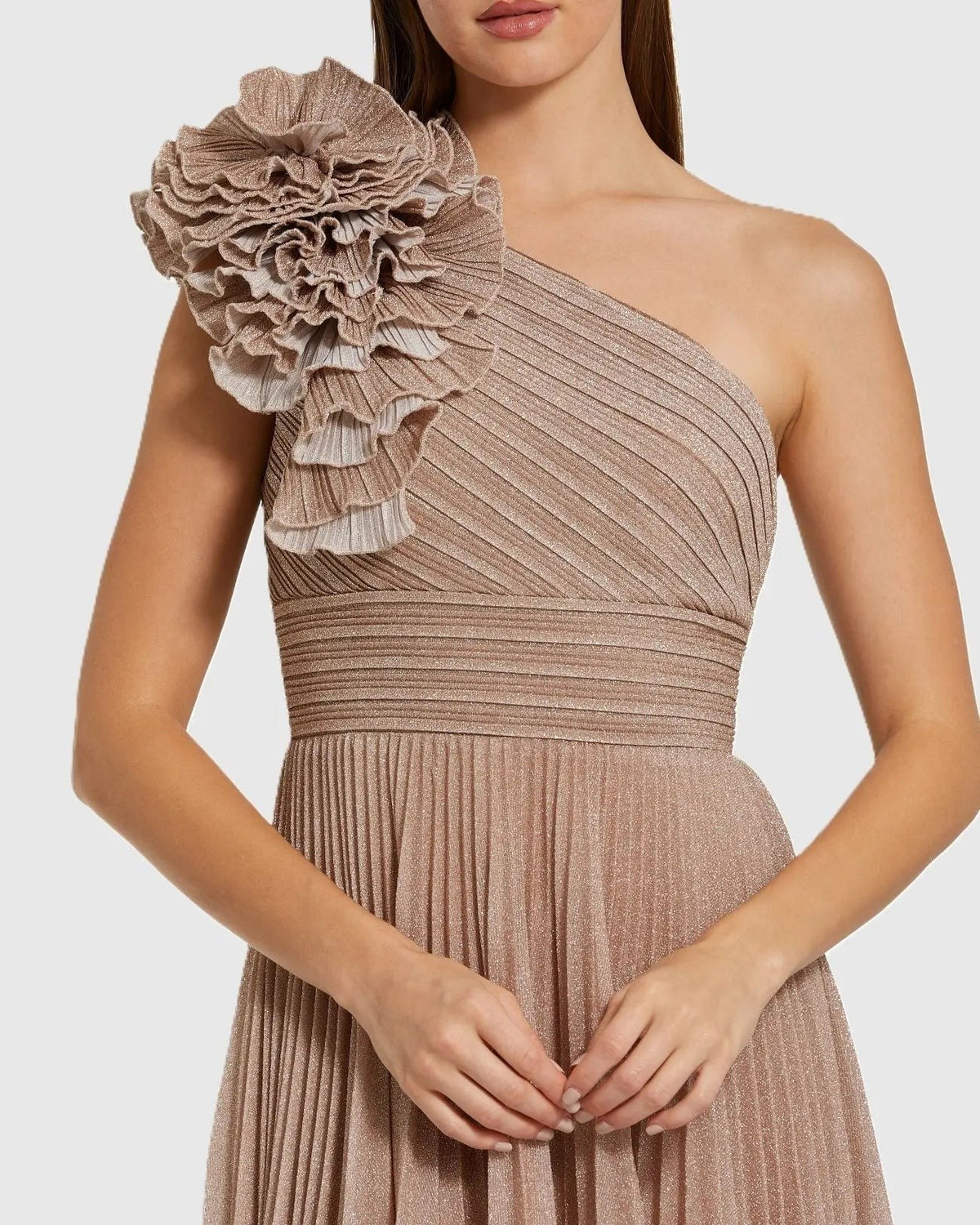 Champagne Pleated One Shoulder Ruffle Gown