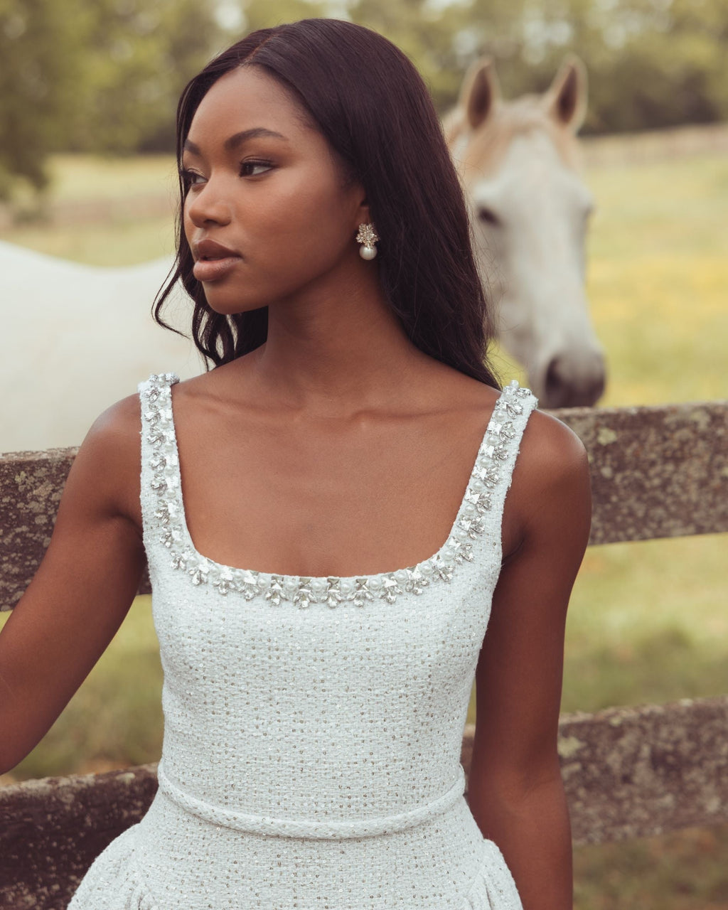 Ivory Embellished Boucle Fit and Flare Mini Dress