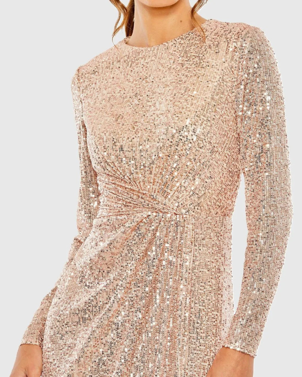 Rose Gold Sequined Side Knot Long Sleeve Gown