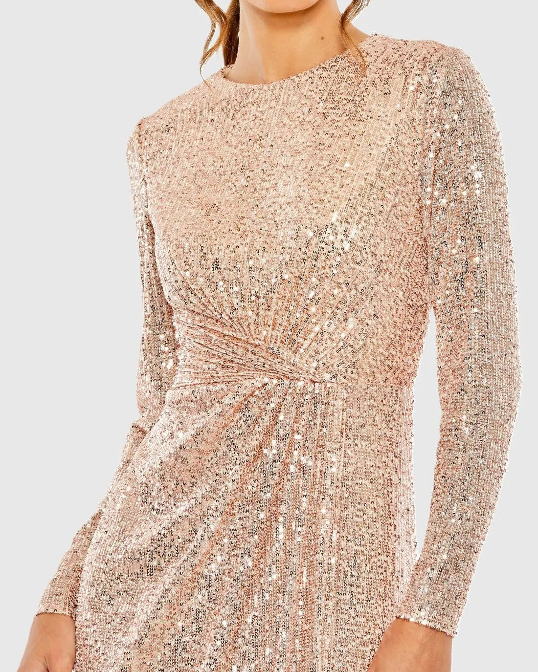 Rose Gold Sequined Side Knot Long Sleeve Gown