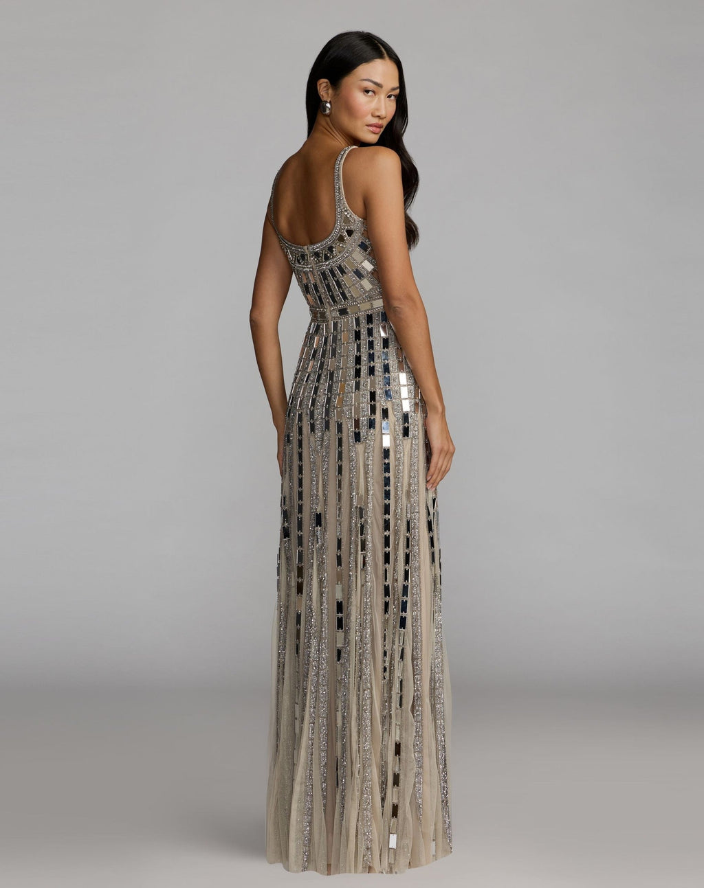Silver Mirror Embellished Sleeveless Evening Gown