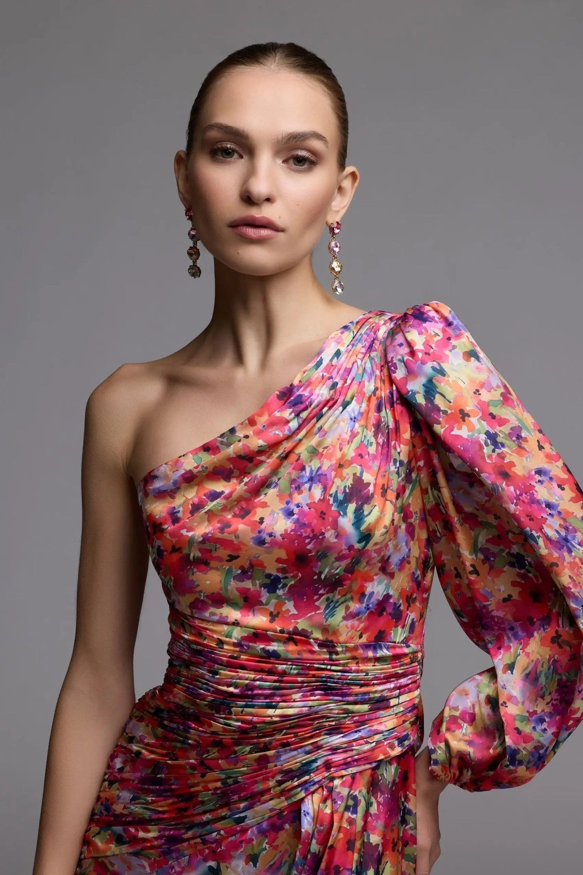 Multi Floral One Shoulder Charmeuse Gown With Slit