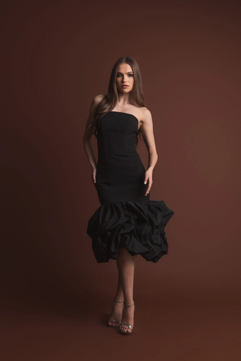 Black Strapless Crepe Midi Dress With Bubble Hem