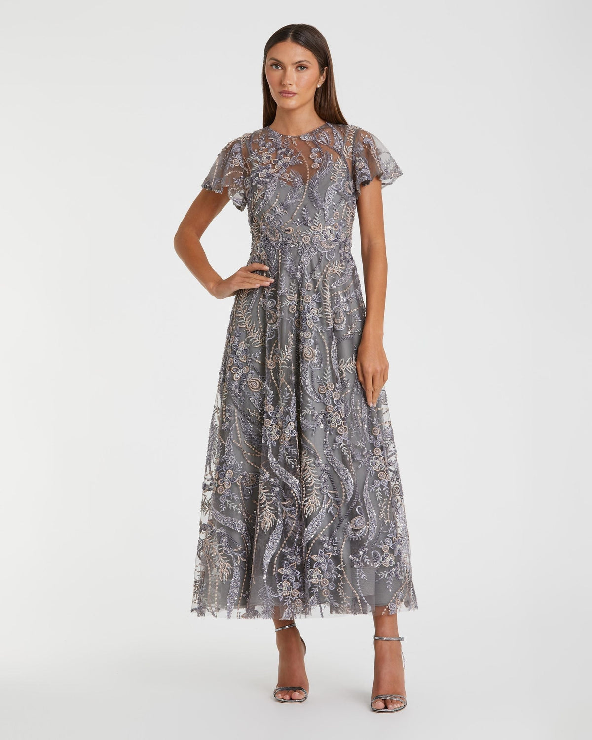 Embroidered Flutter Sleeve Midi Dress