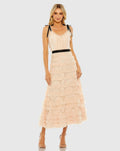 Porcelain Lace Tiered Midi Dress with Bow Straps