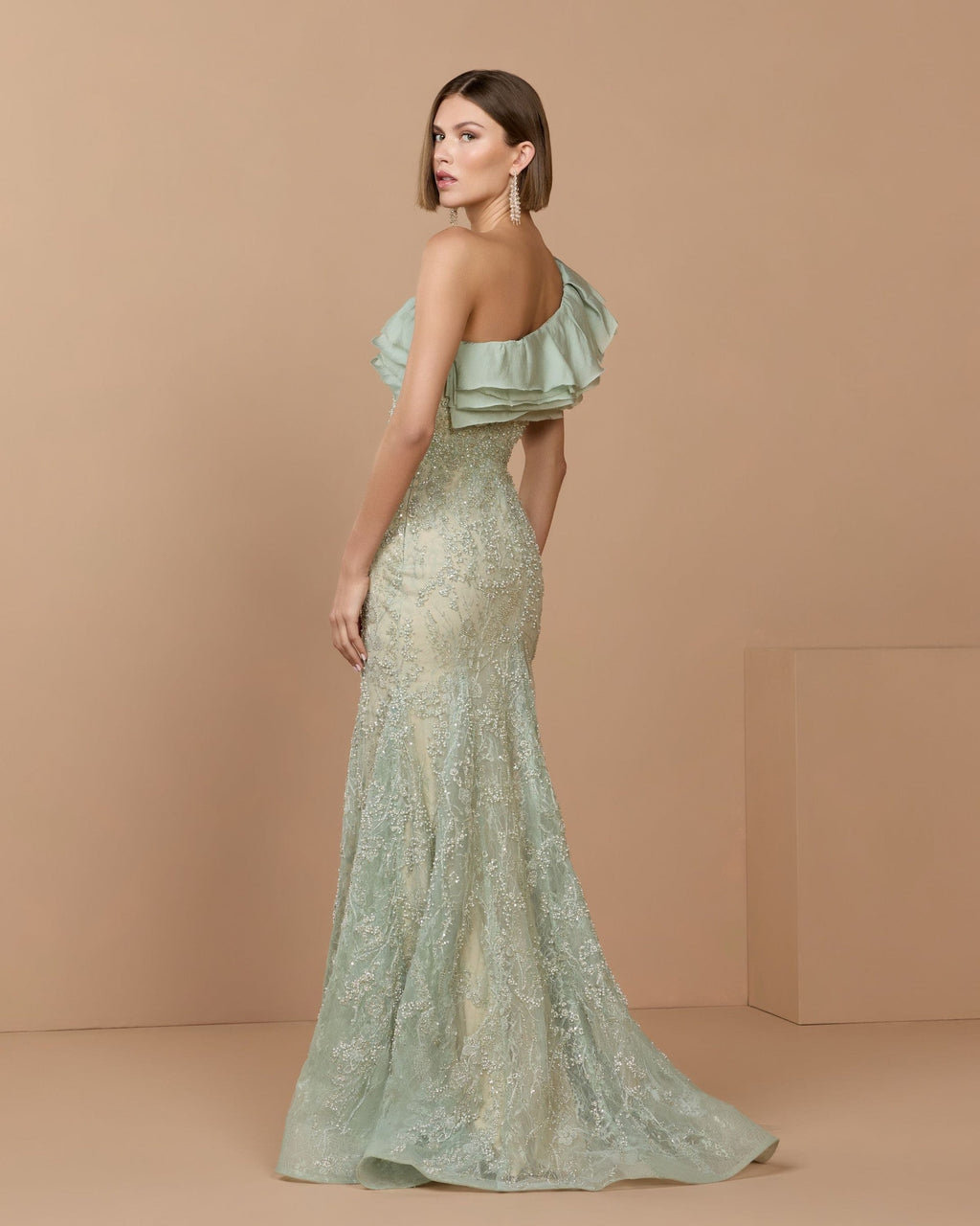 Sage Embellished Lace One Shoulder Trumpet Gown