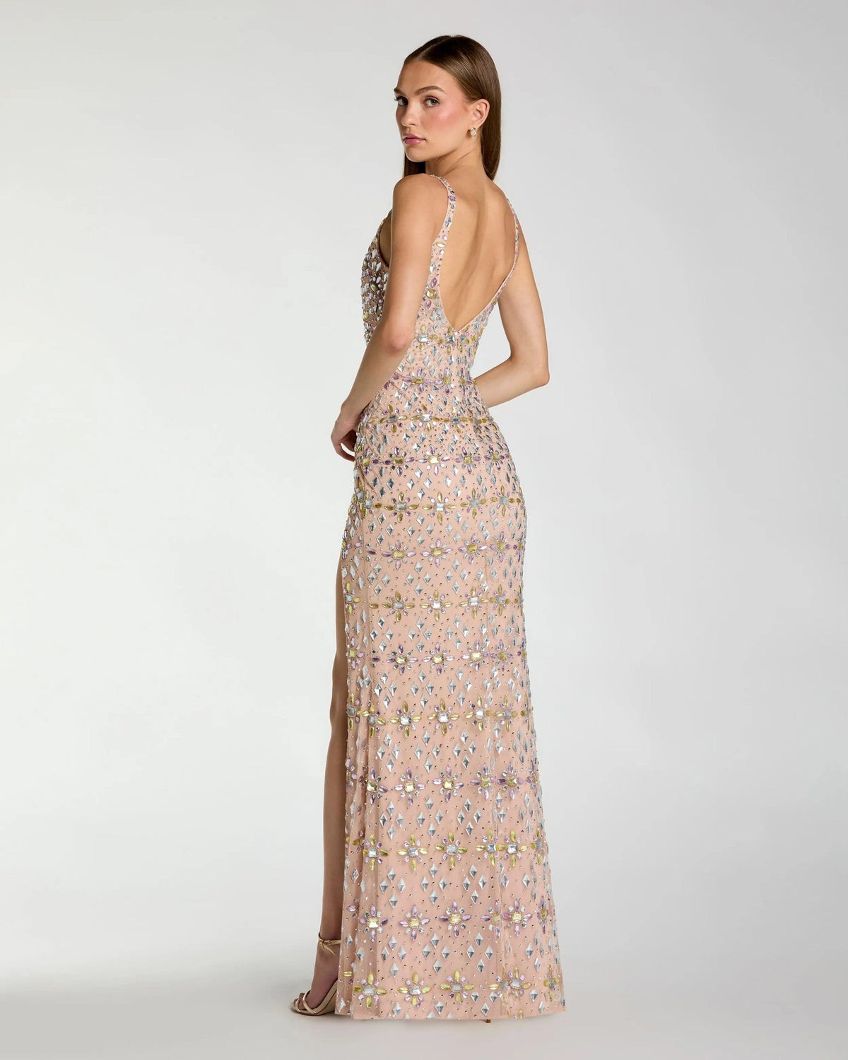 Light Rose Crystal Embellished Column Gown With Slit