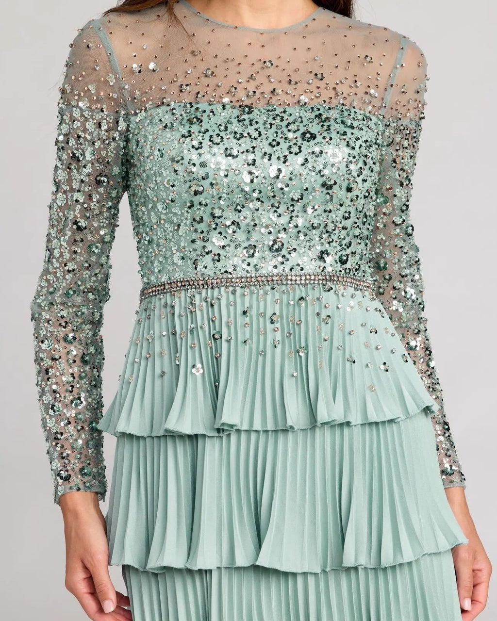 Sage Embellished Illusion Long Sleeve Ruffle Gown