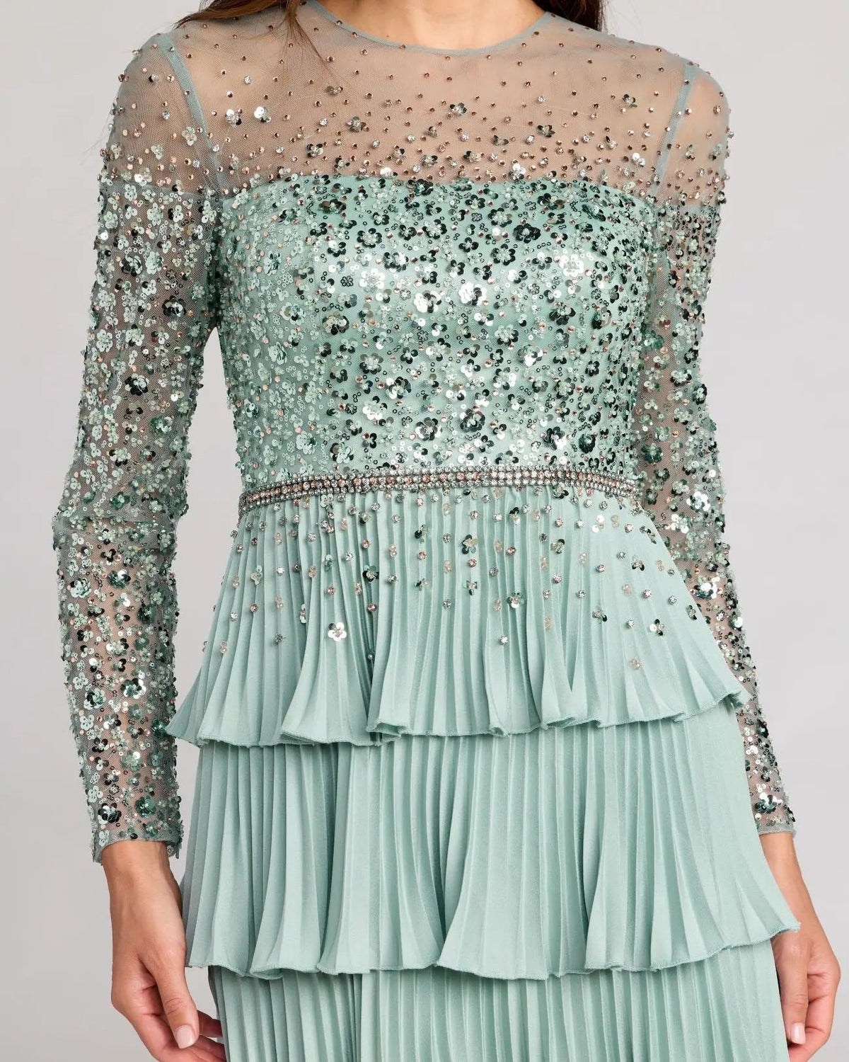 Sage Embellished Illusion Long Sleeve Ruffle Gown