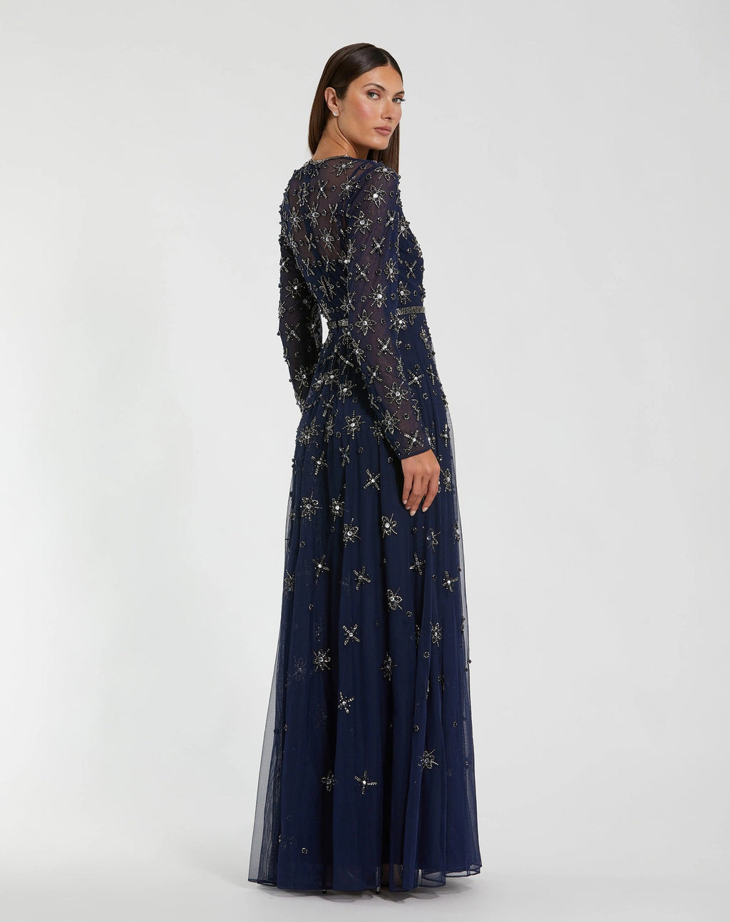 Midnight Long Sleeve Crystal Embellished Evening Gown