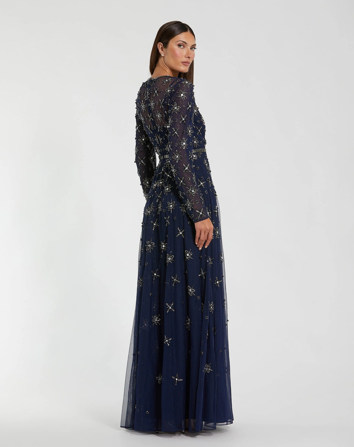 Midnight Long Sleeve Crystal Embellished Evening Gown