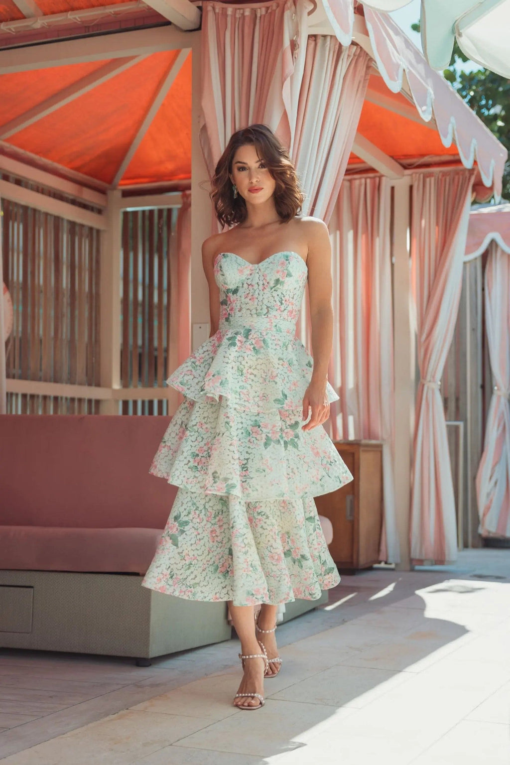 Mint Multi Floral Tiered Strapless Midi Dress