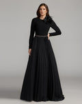 Black Pleated Organza Gown With 3D Flower