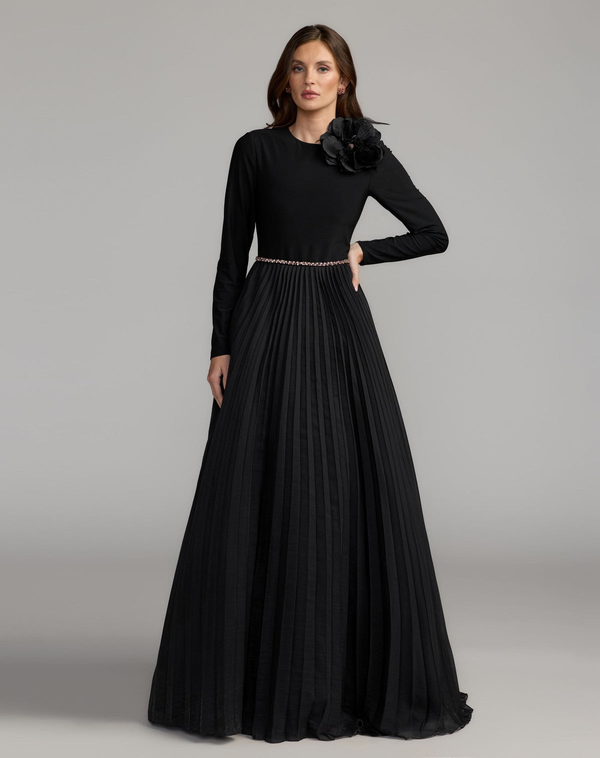 Black Pleated Organza Gown With 3D Flower