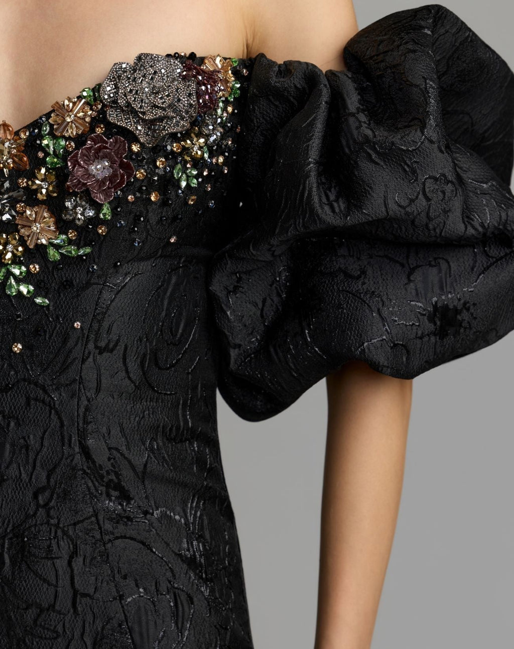 Black Multi Embellished Brocade Off The Shoulder Mermaid Gown