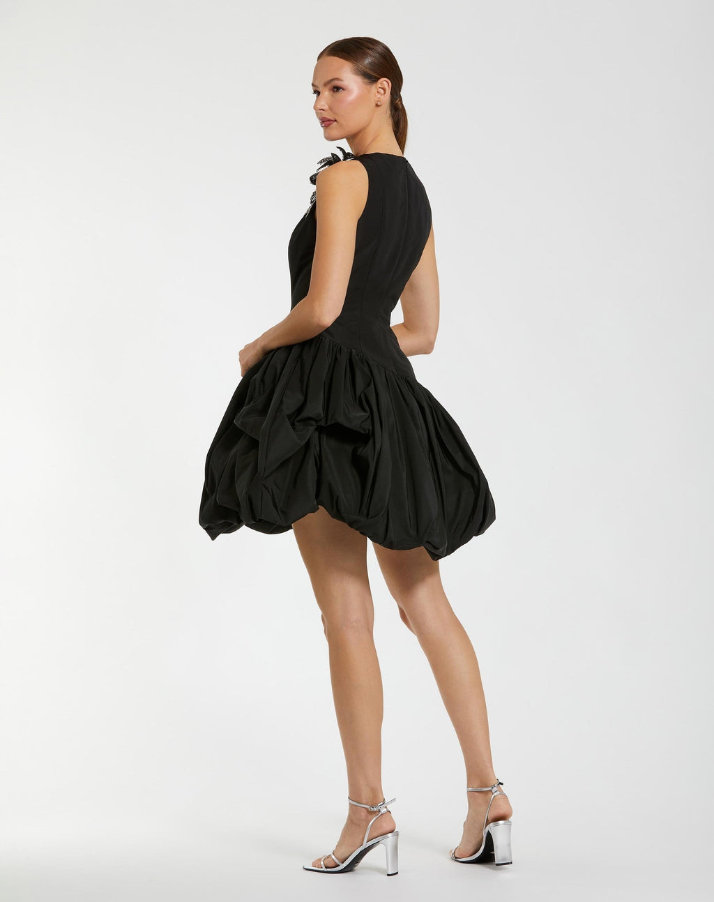 Black Bubble Hem Mini Dress with 3D Floral Appliqué