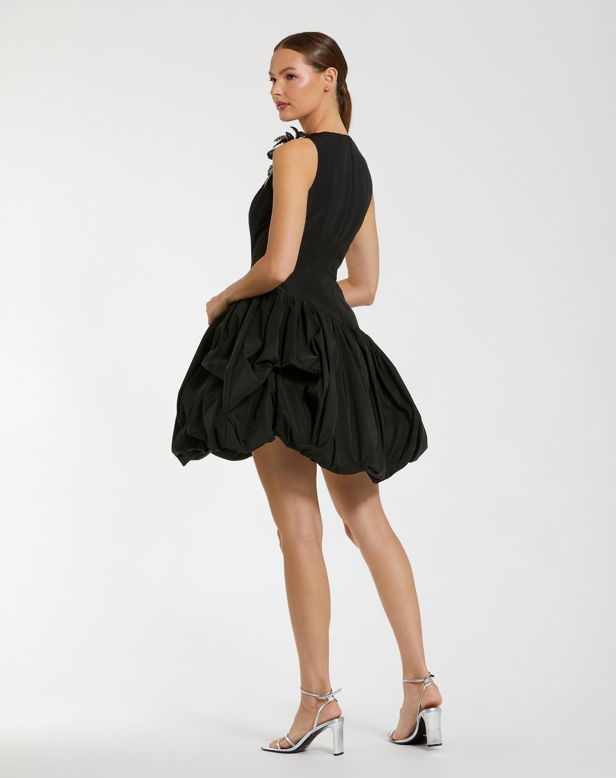 Black Bubble Hem Mini Dress with 3D Floral Appliqué