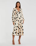Beige Polka Dot Charmeuse Long Sleeve V Neck Midi Dress