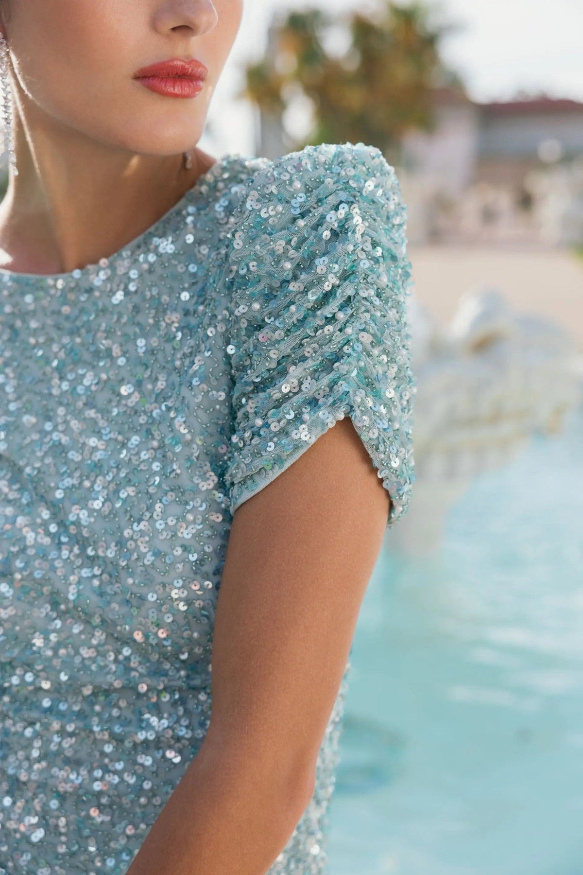 Powder Blue Gathered Short Sleeve Embellished Gown