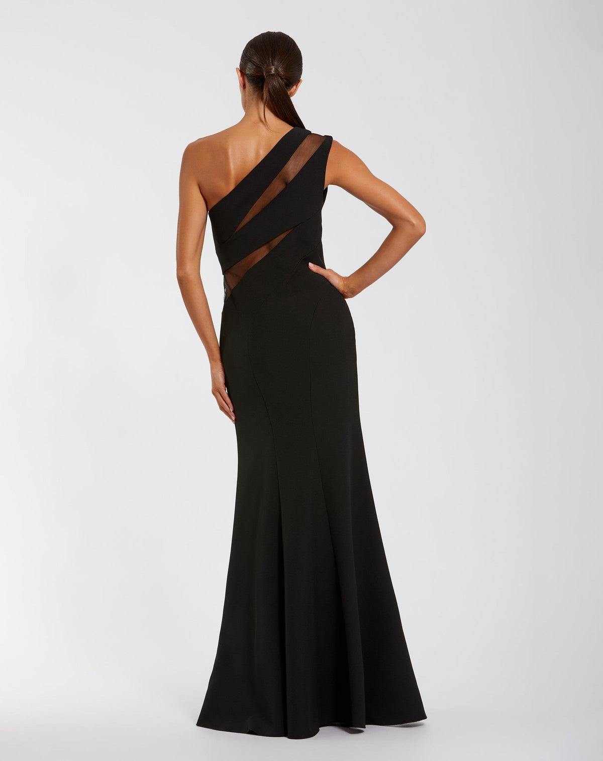 Black One Shoulder Crepe Illusion Cutout Gown