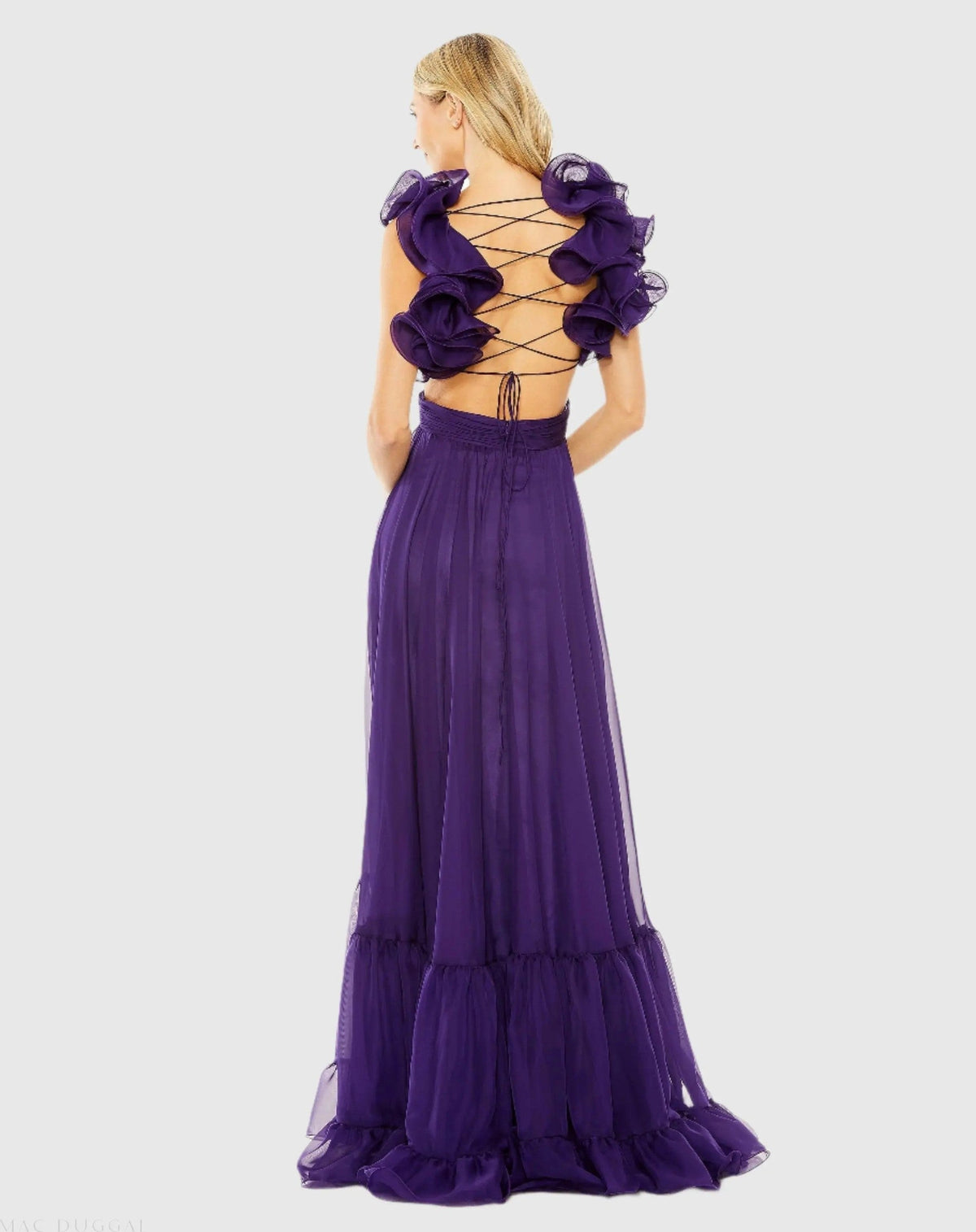 Purple Ruffle Tiered Cut-Out Chiffon Gown