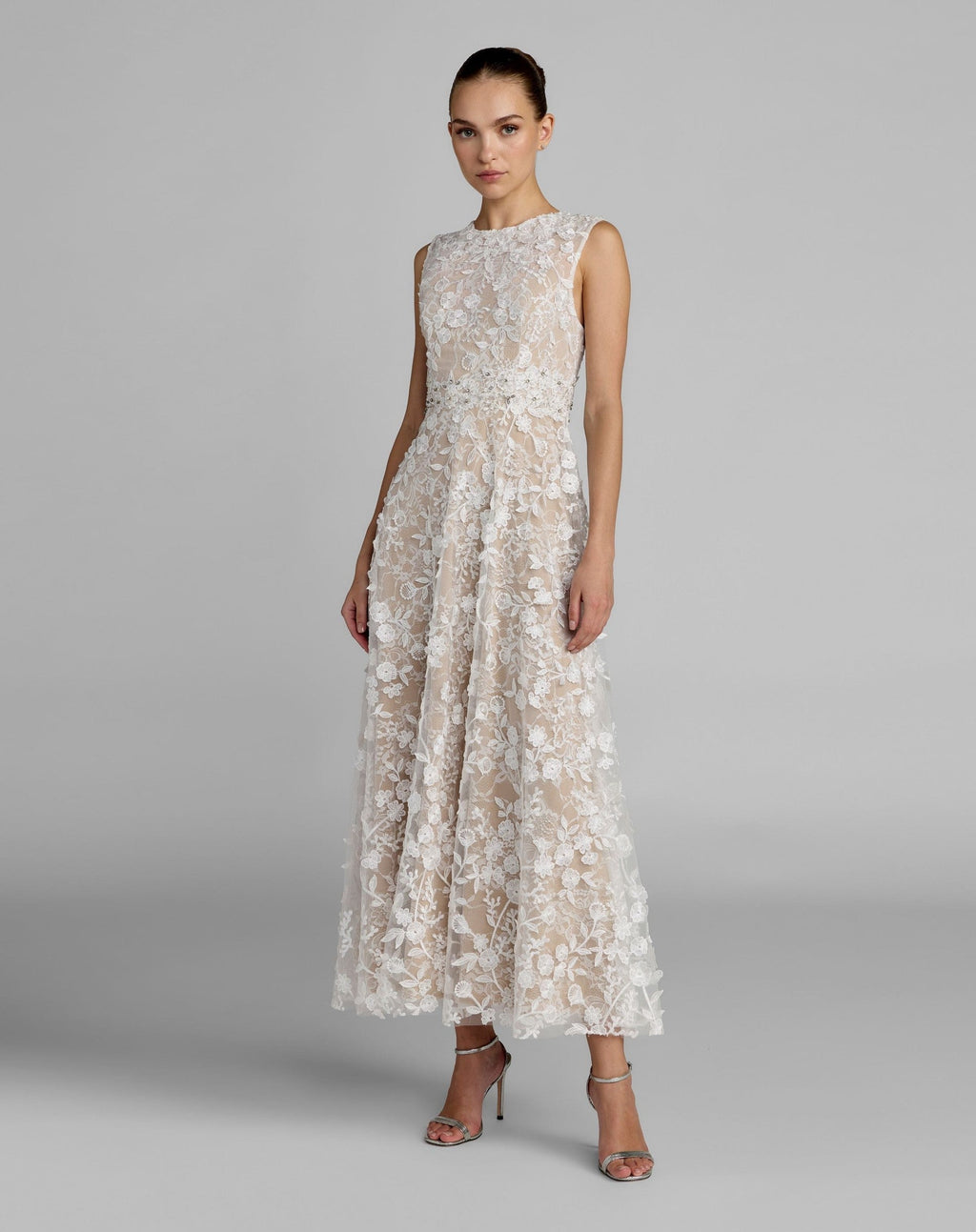 Petite Ivory Nude Floral Embroidered High Neck Midi Dress