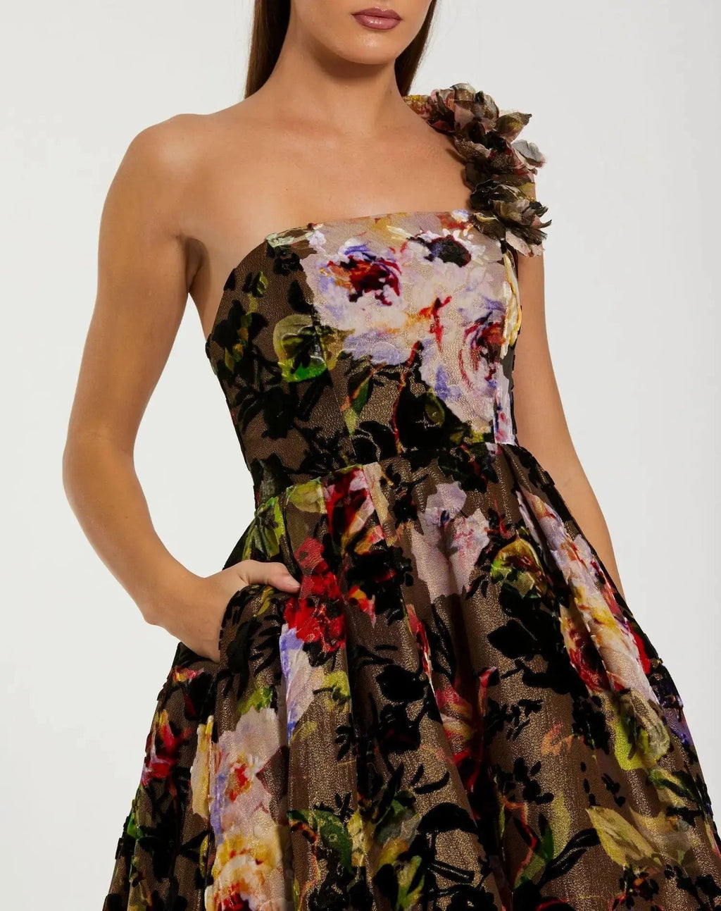 Black Multi Floral Velvet Ball Gown With Pockets