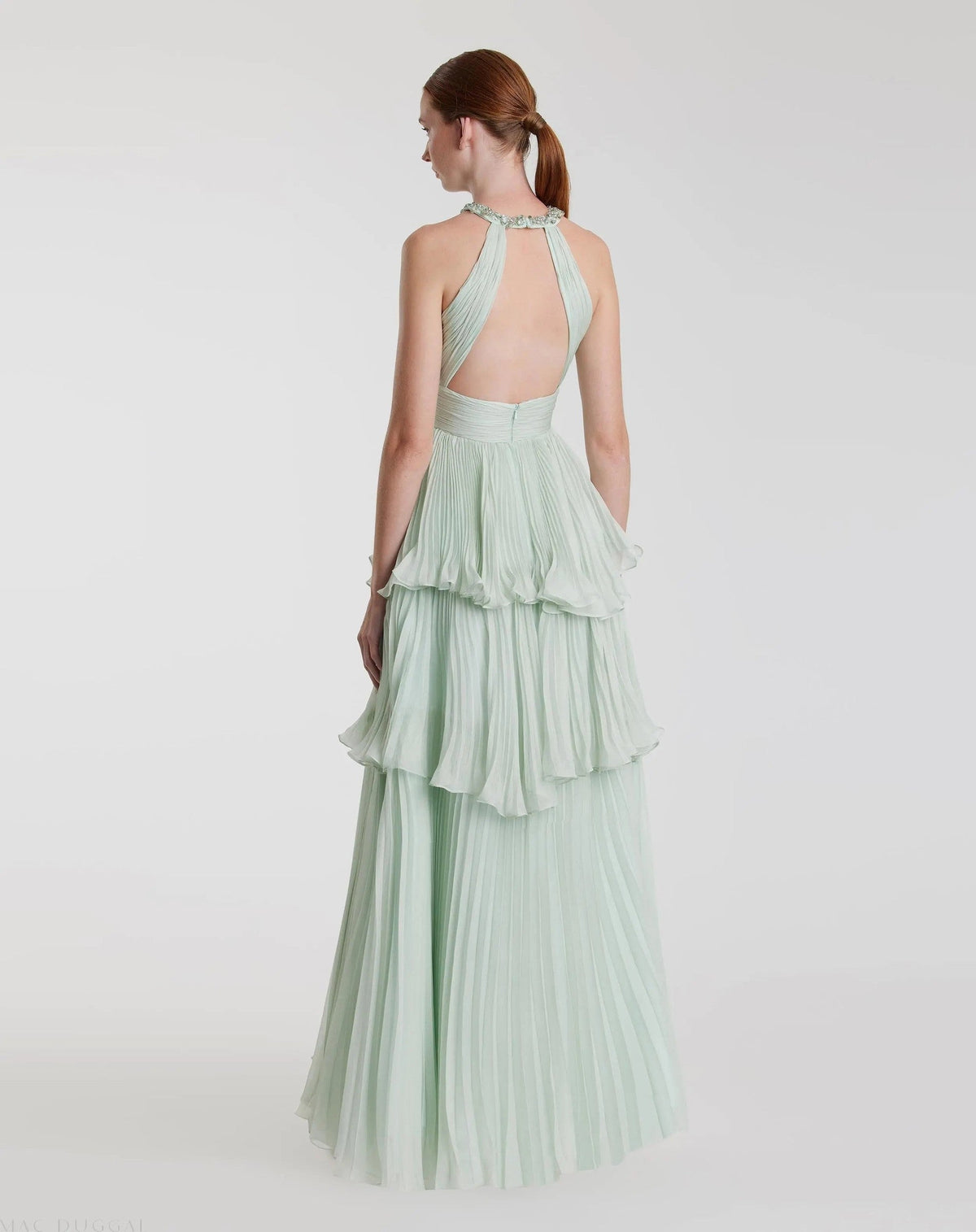 Mint Embellished Halter Neck Ruffle Chiffon Gown