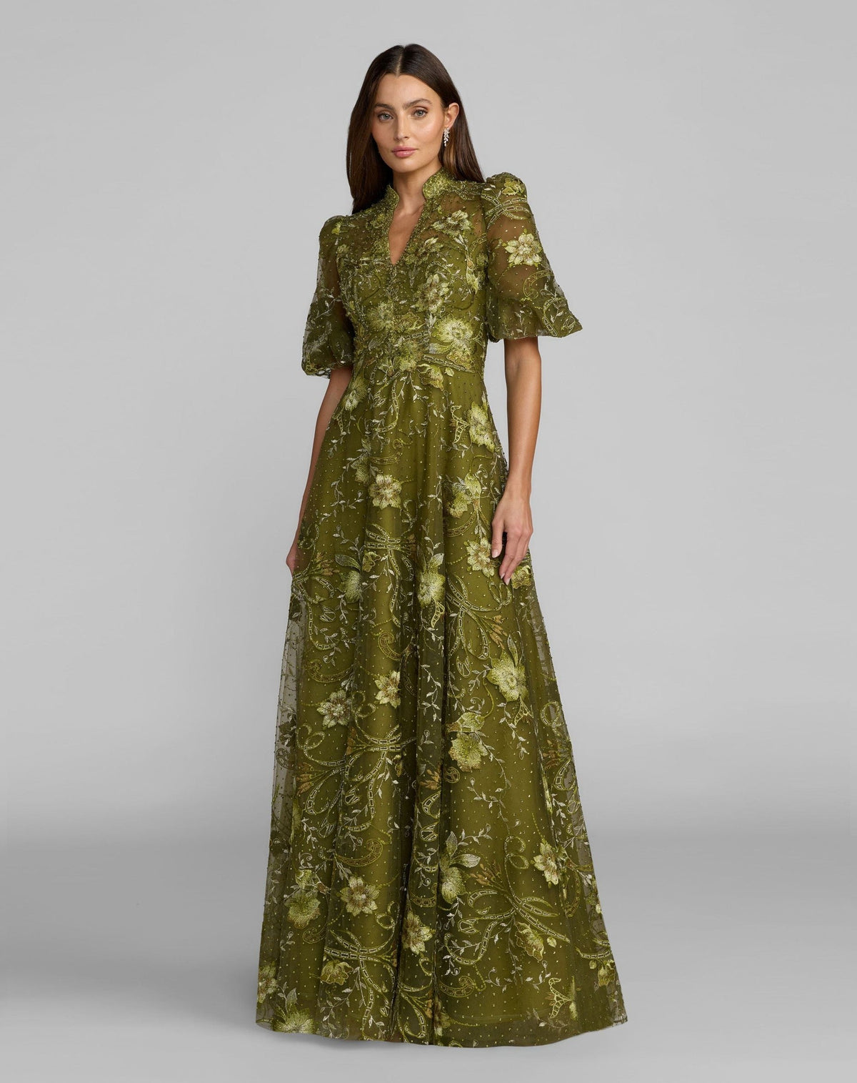 Olive Queen Anne Puff Sleeve Embroidered A-Line Gown