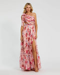 Blush Multi Floral Chiffon One Shoulder Cut Out Gown