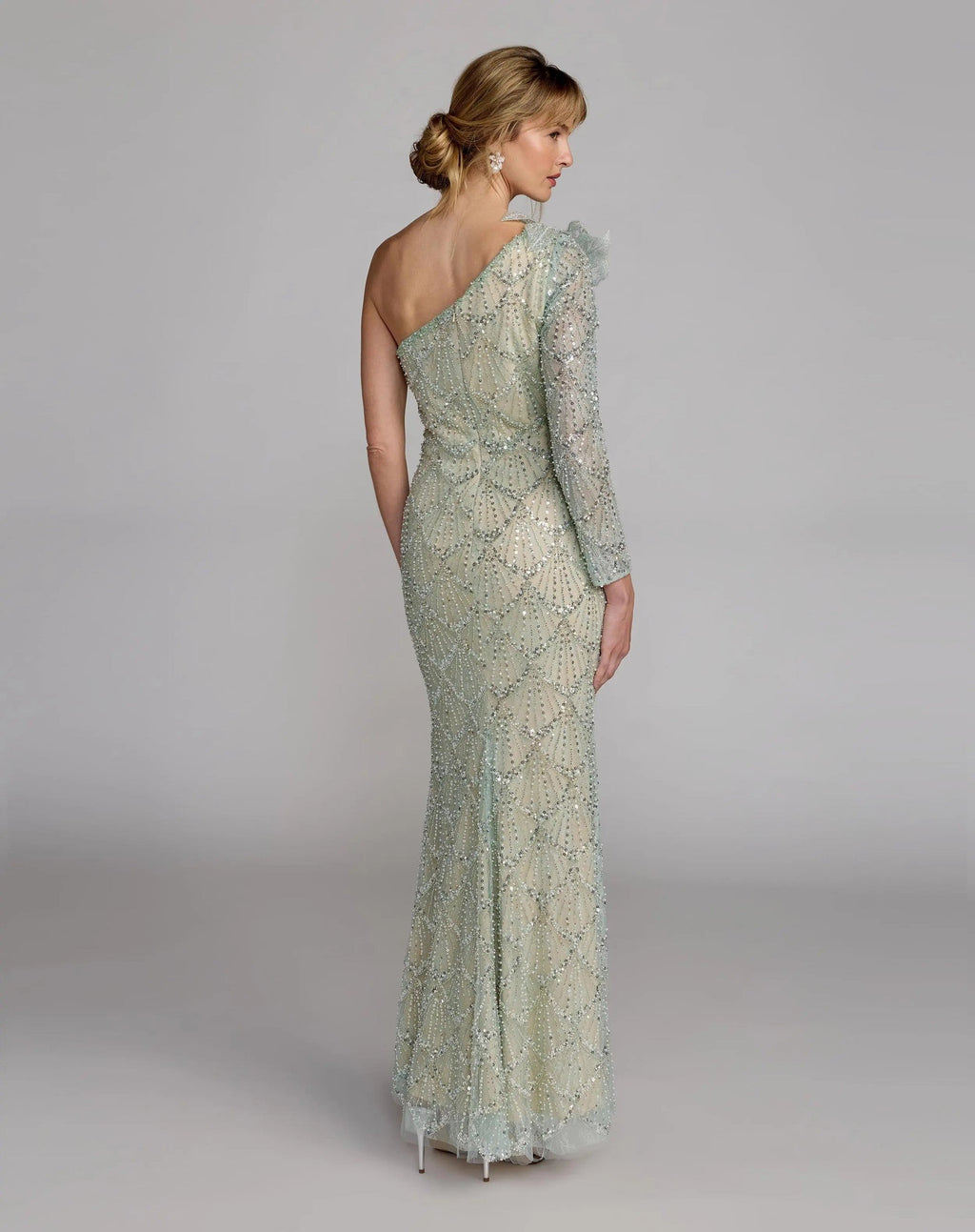 Seafoam One Shoulder Embellished Gown With Floral Accent