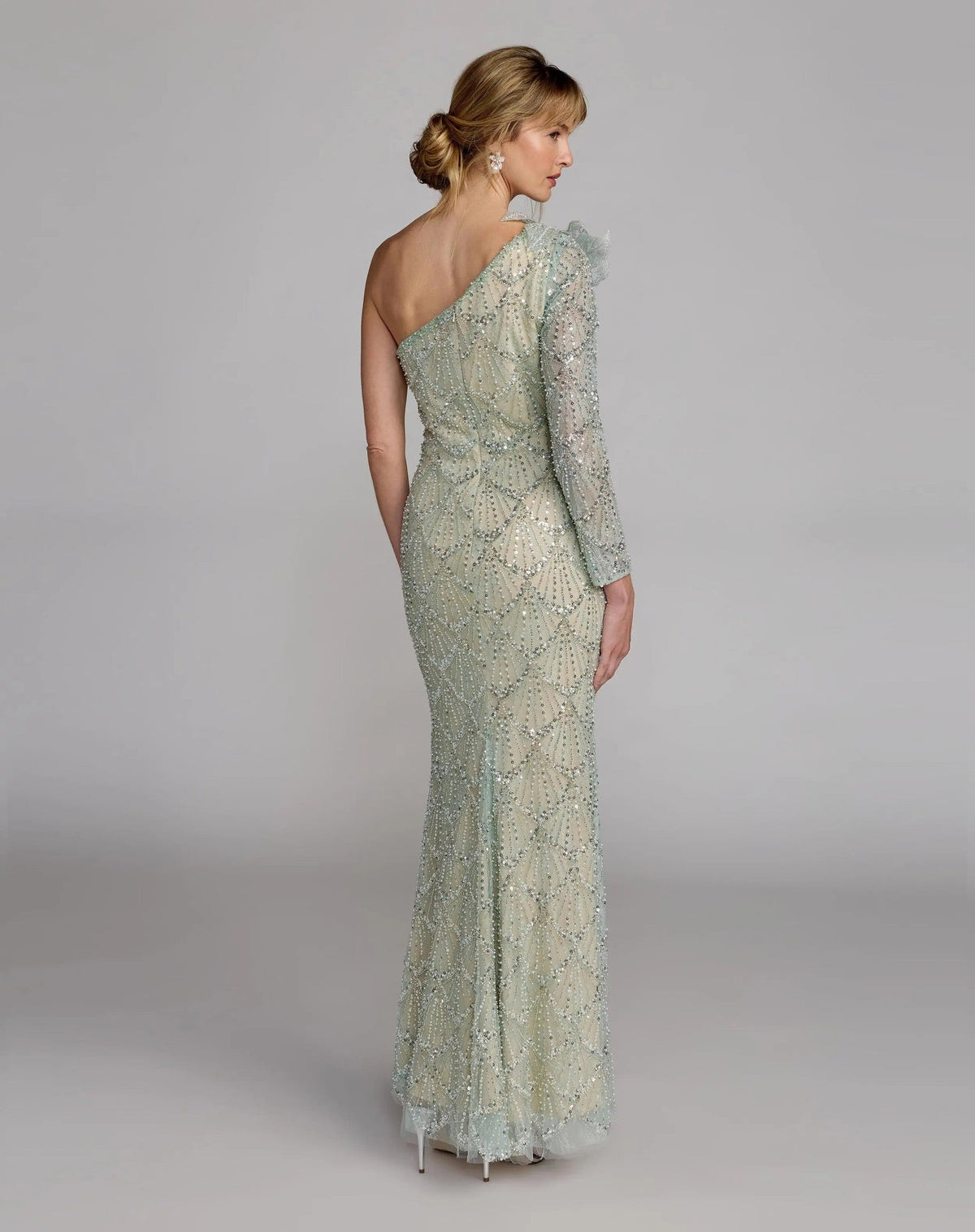 Seafoam One Shoulder Embellished Gown With Floral Accent