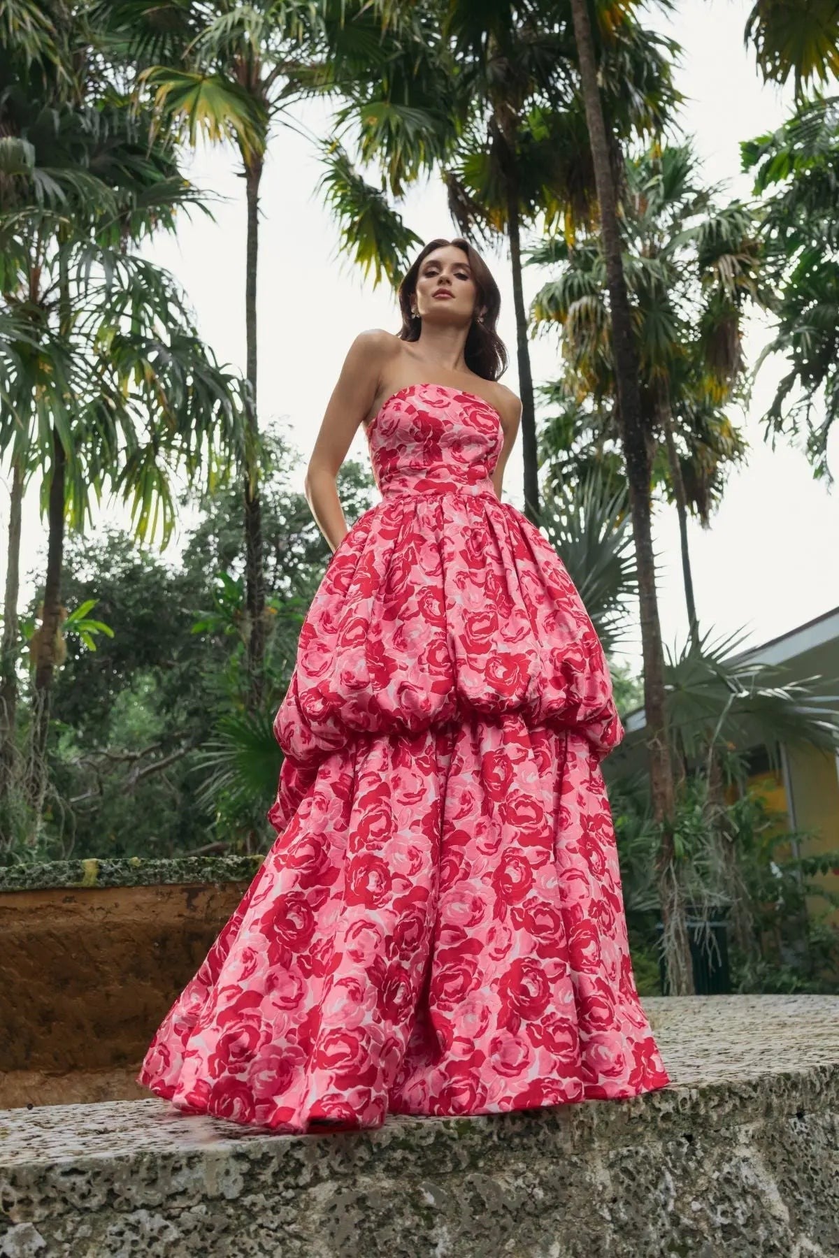 Pink Floral Brocade Strapless Bubble Hem Ball Gown
