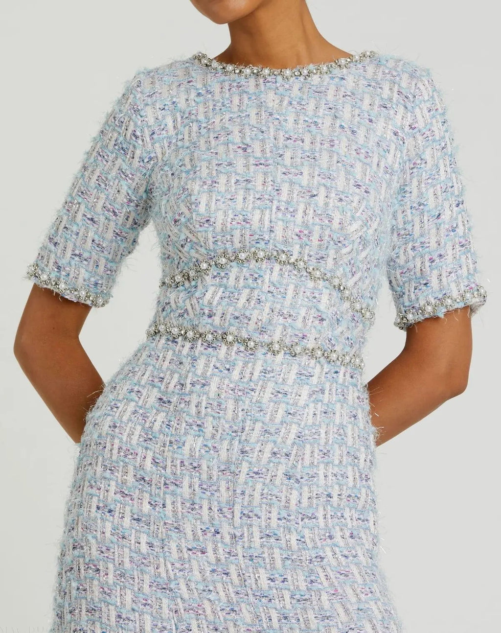 Blue Multi Short Sleeve Beaded Trim Boucle Midi Dress