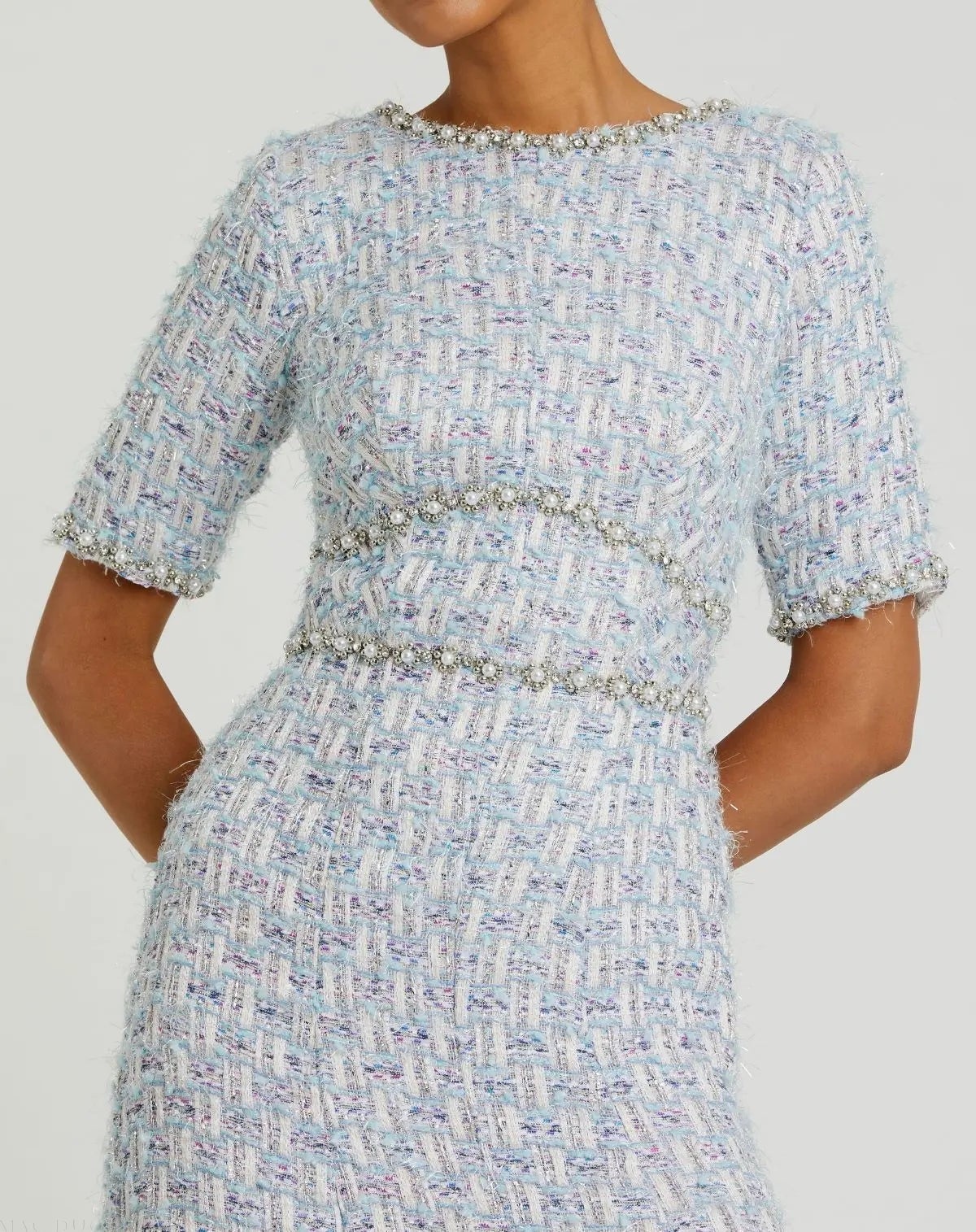 Blue Multi Short Sleeve Beaded Trim Boucle Midi Dress
