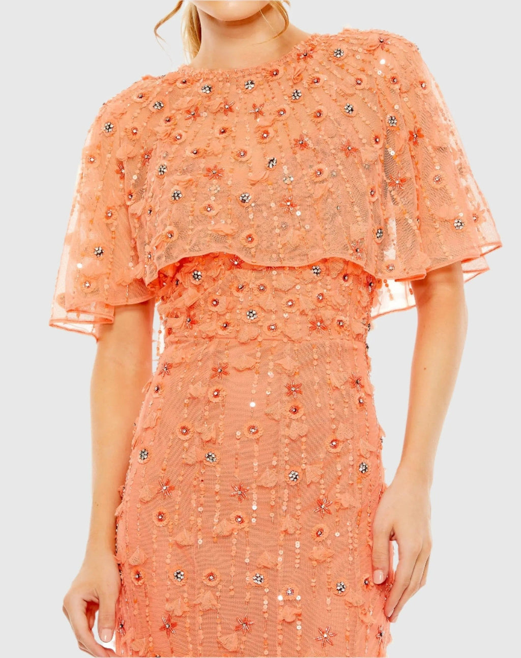 Coral Embellished Illusion Cape Sleeve Trumpet Gown