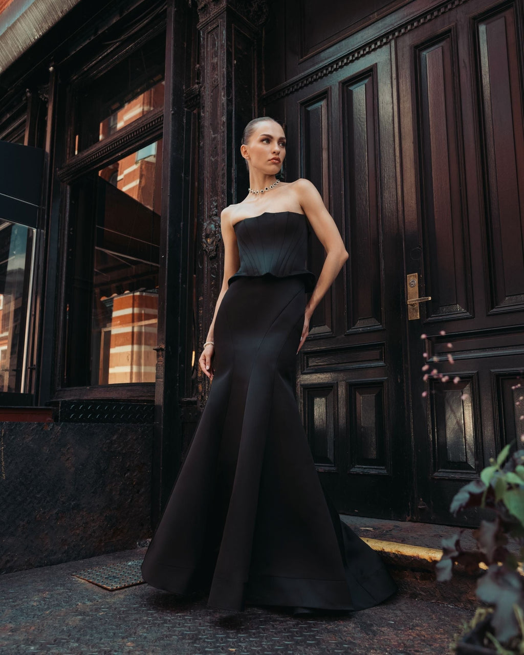 Black Strapless Satin Corset Peplum Gown