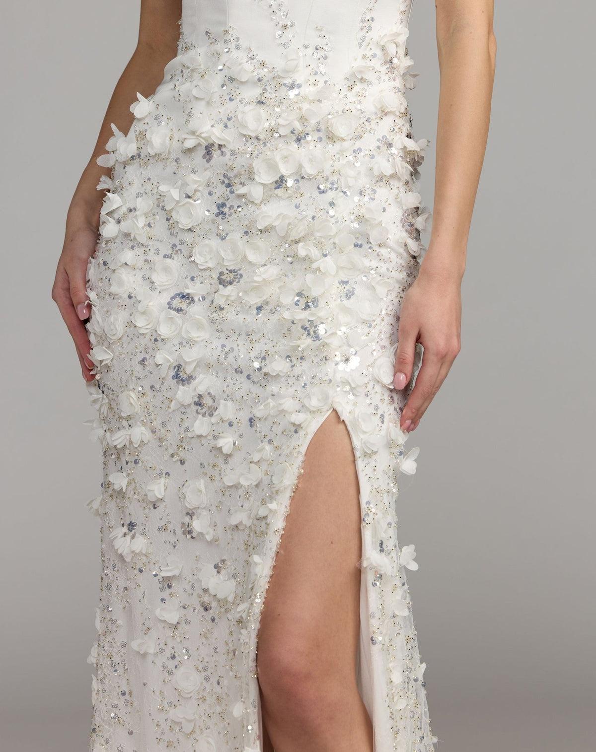 Ivory Strapless 3D Floral Embellished Crepe Gown With Slit