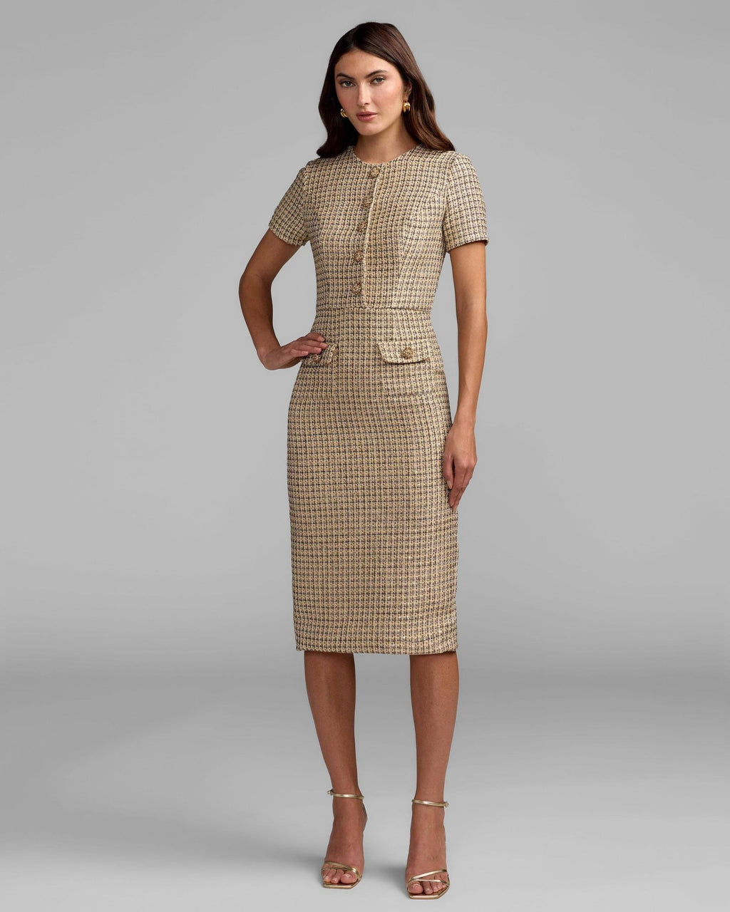 Nude Gold Boucle Button Front Midi Dress