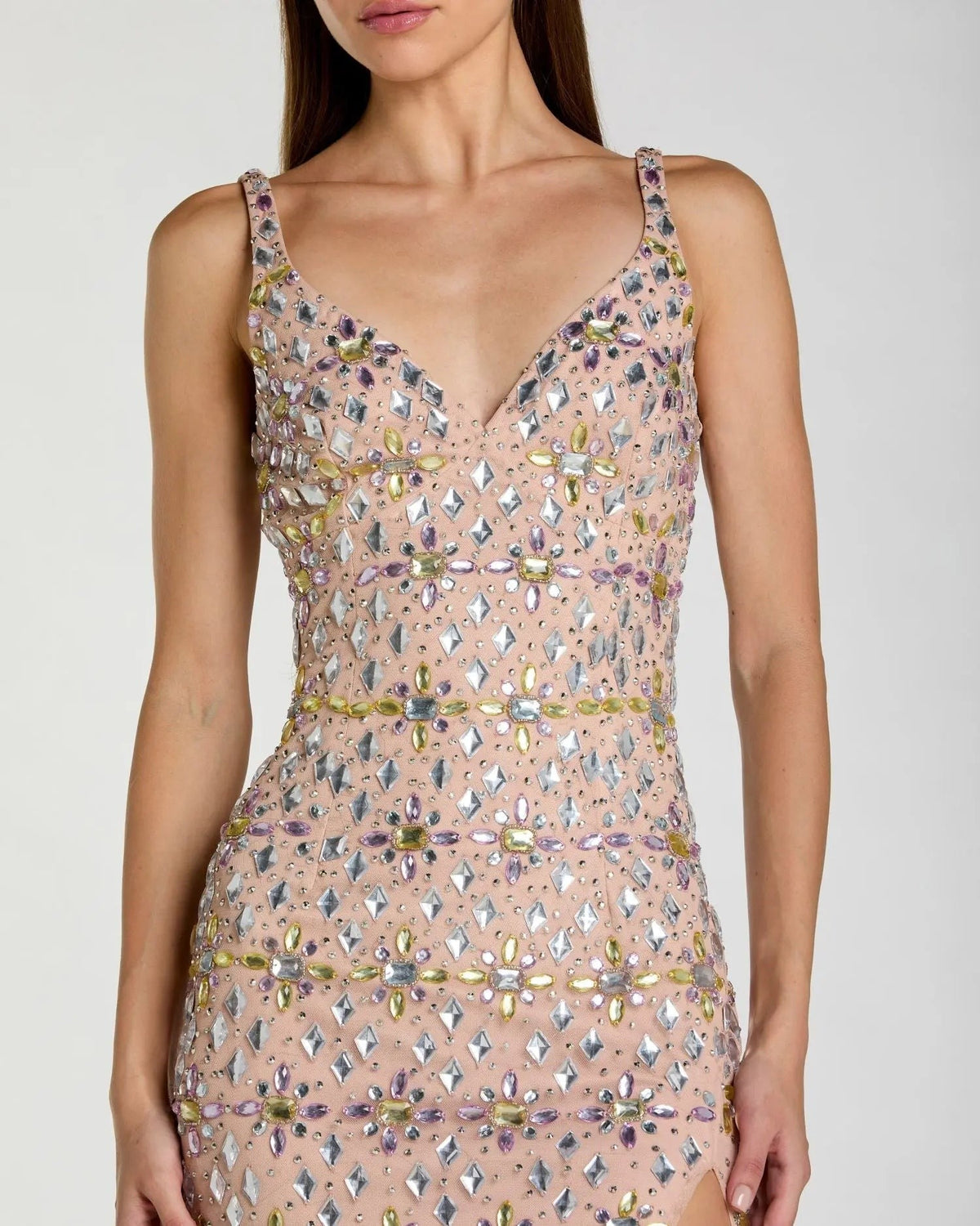 Light Rose Crystal Embellished Column Gown With Slit