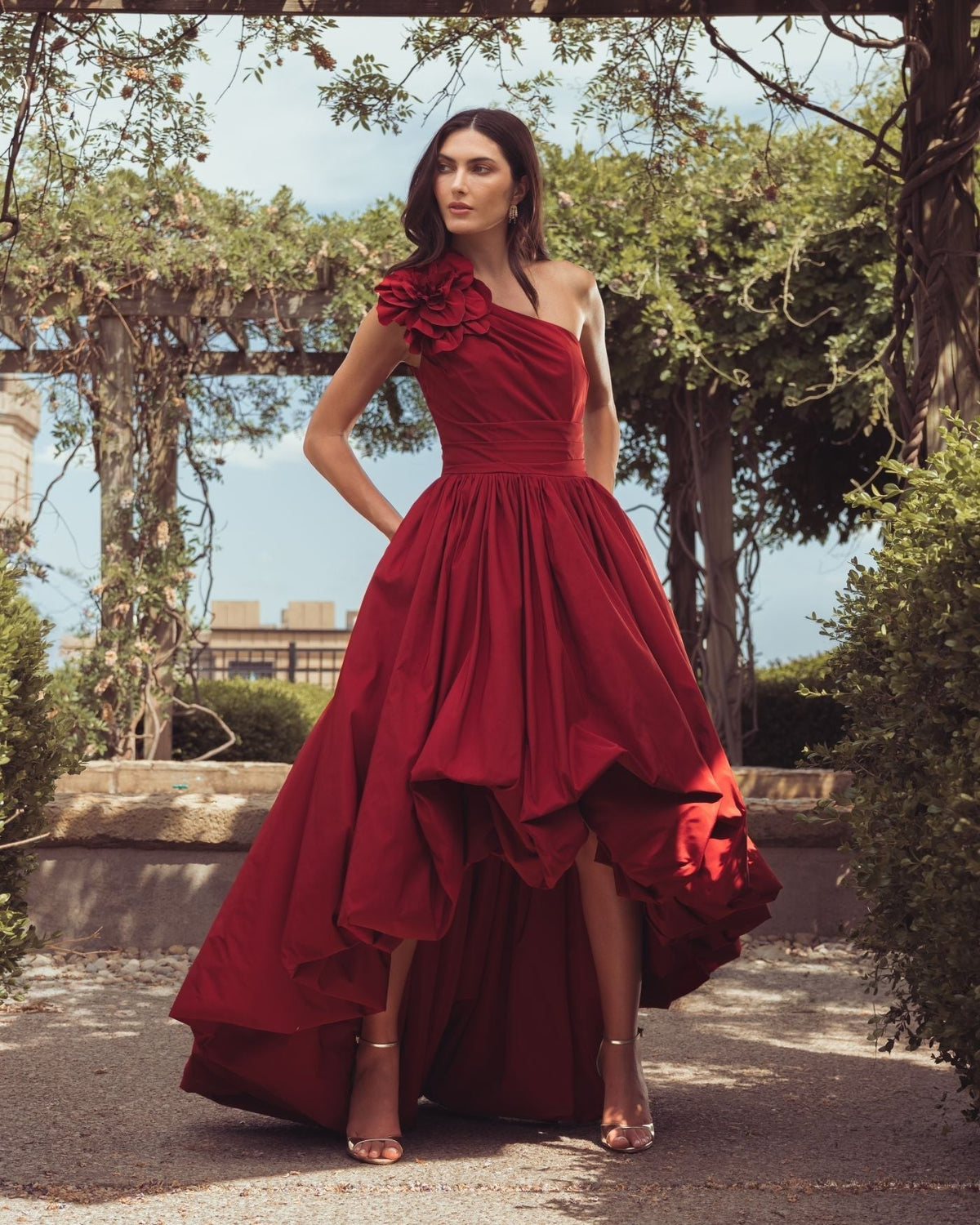 Ruby One Shoulder High Low Gown With 3D Flower