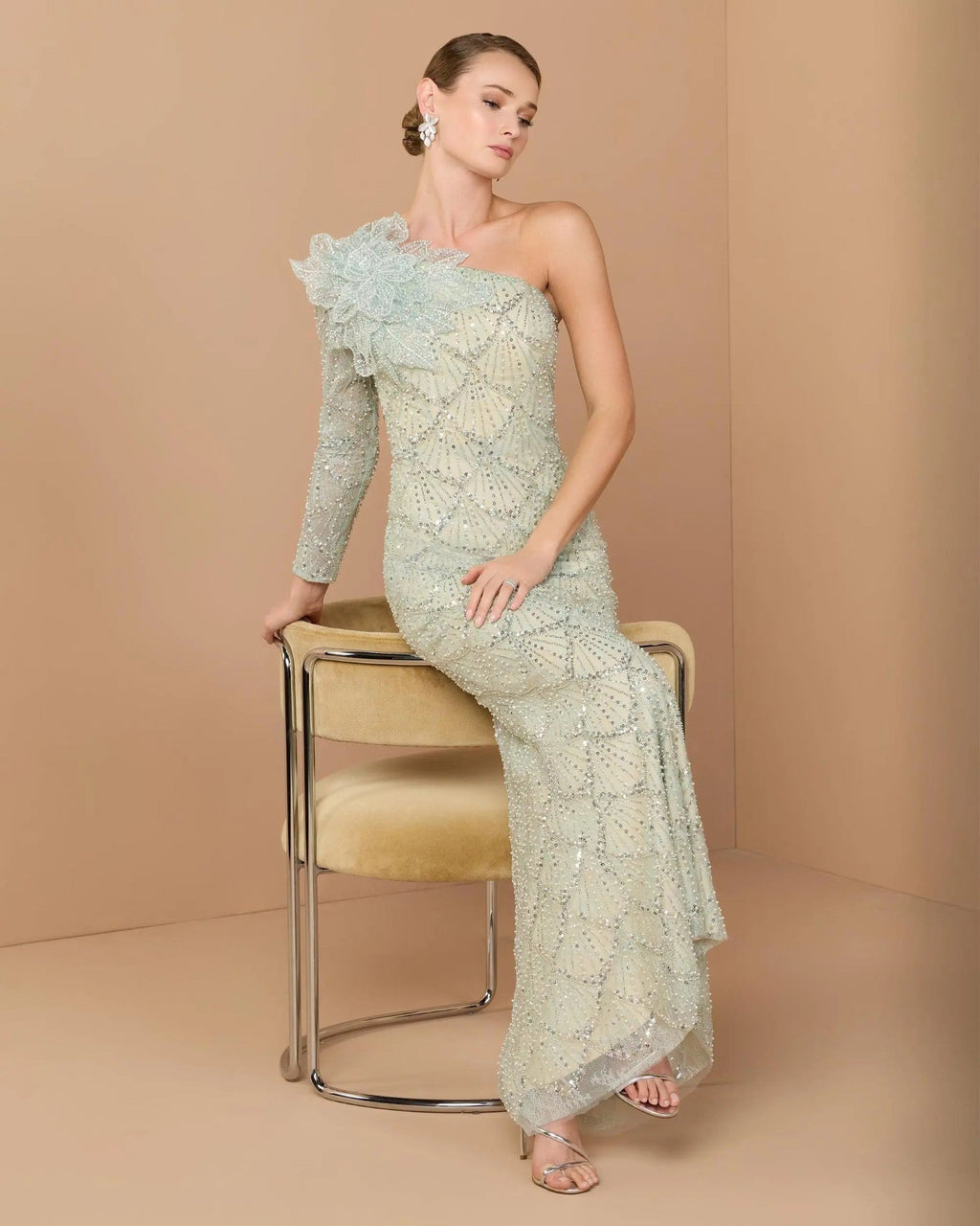 Seafoam One Shoulder Embellished Gown With Floral Accent