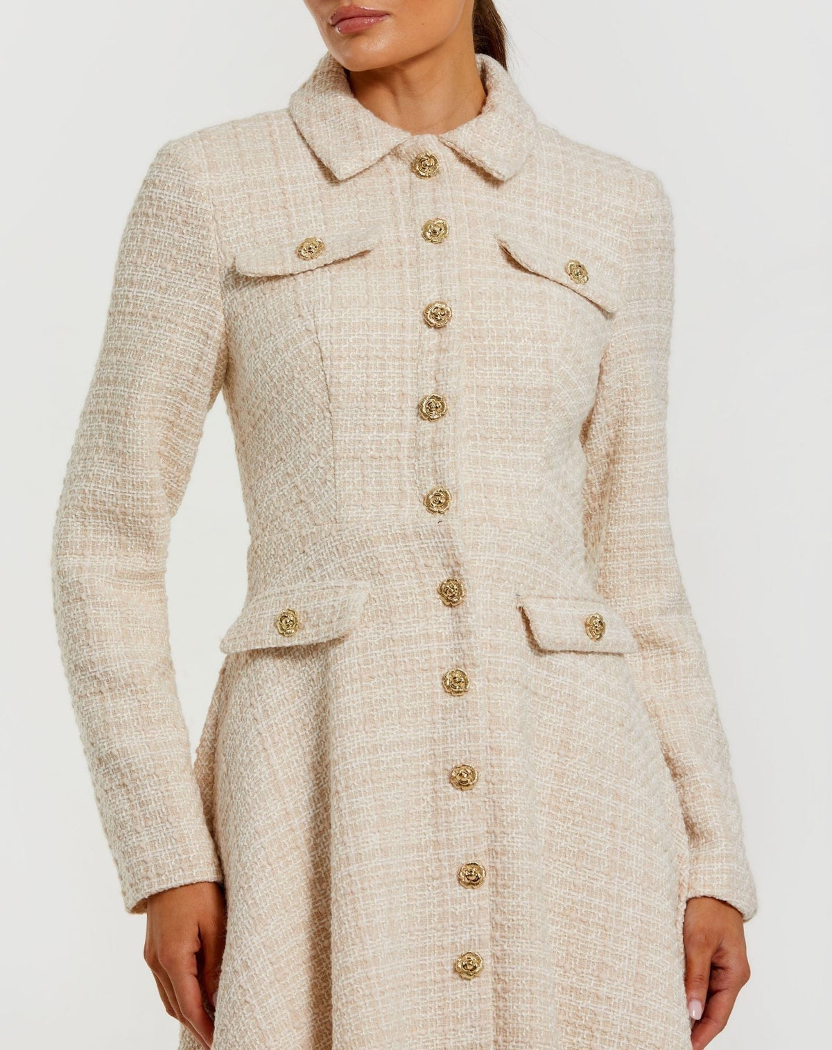 Ecru Boucle Button Front Long Sleeve Midi Dress