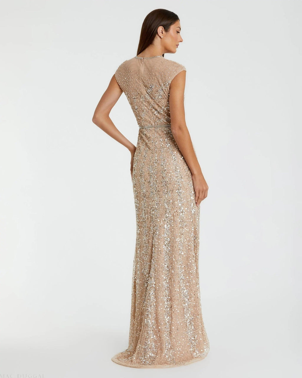 Beige Embellished Illusion High Neck Cap Sleeve Gown