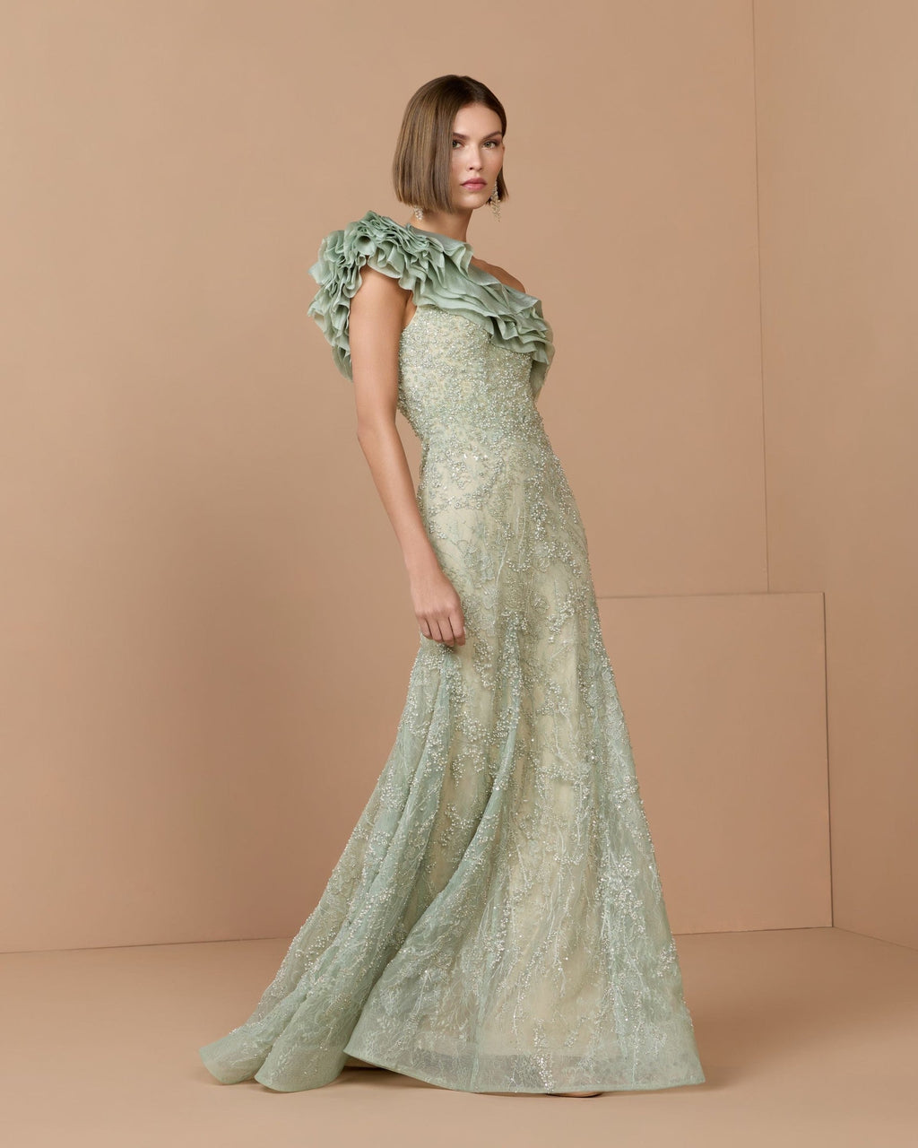 Sage Embellished Lace One Shoulder Trumpet Gown