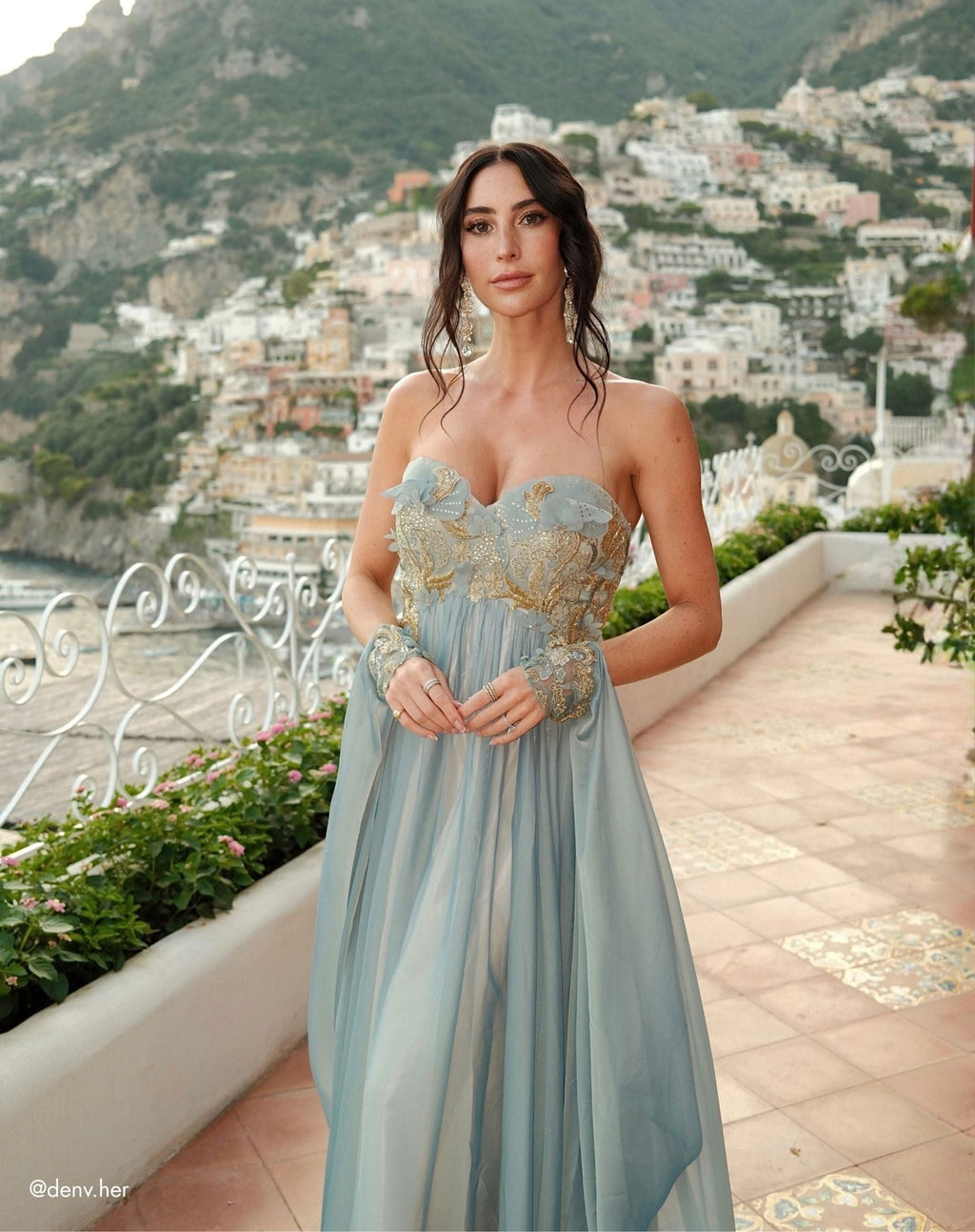 Seafoam Strapless Embellished Chiffon Cape Gown