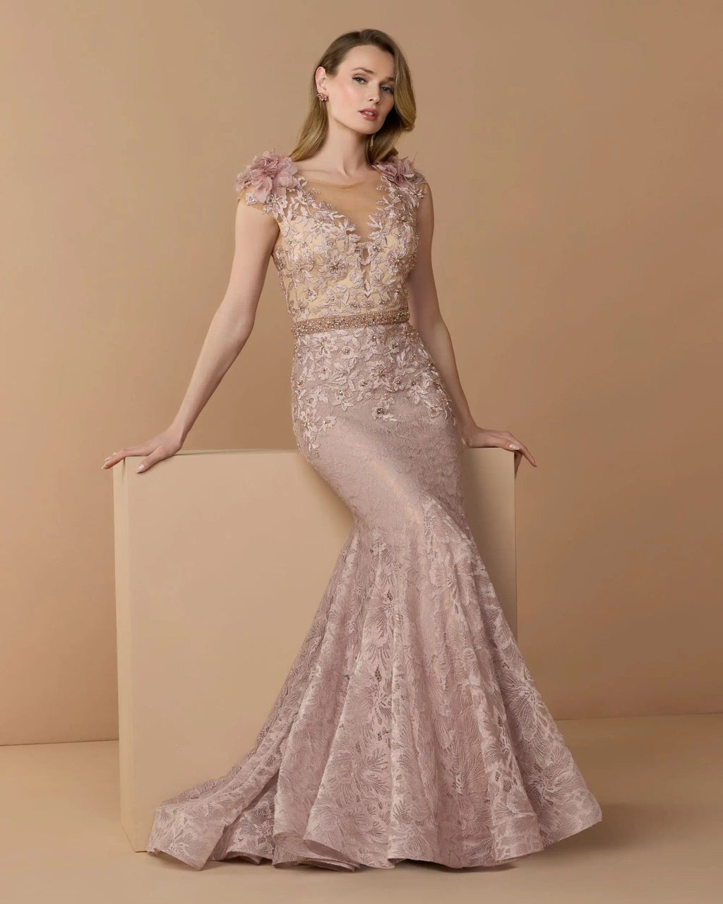 Mocha Embellished Lace Illusion Neck Gown With 3D Flowers