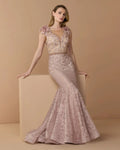 Mocha Embellished Lace Illusion Neck Gown With 3D Flowers