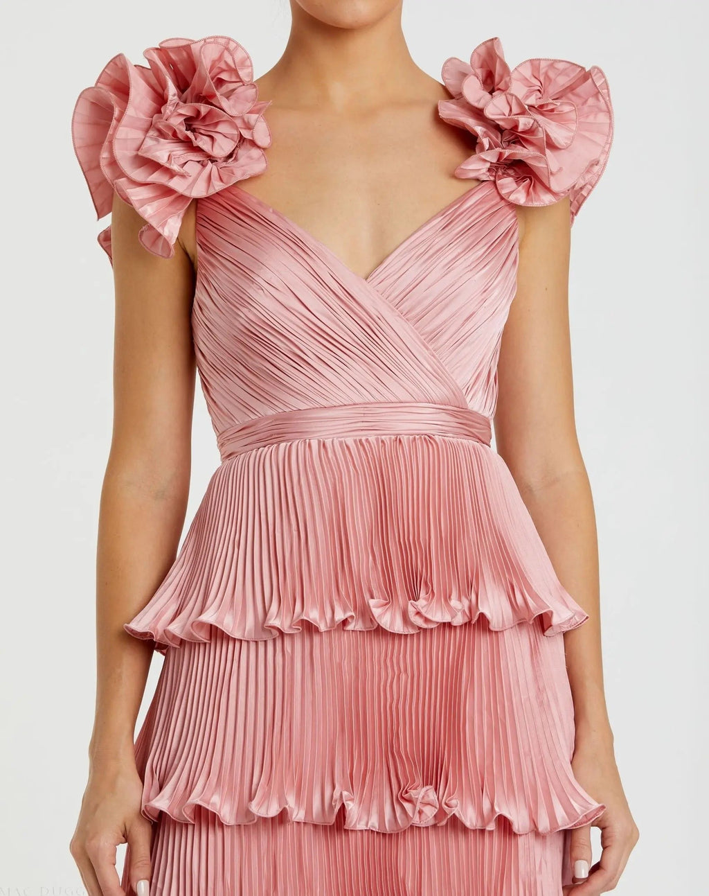 Rose Pleated Charmeuse Tiered Gown With Ruffle Straps